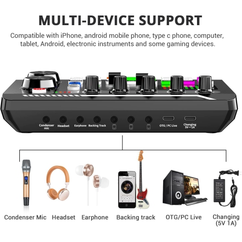 Live Sound Card Audio Mixer, Podcast Audio Interface with DJ Mixer Effects, Voice Changer with Sound Effects for Karaoke Tiktok YouTube Live