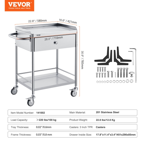 &nbsp;&nbsp;Chariot médical VEVOR à 2 couches, chariot en acier inoxydable&nbsp;220&nbsp;lb,&nbsp;chariot utilitaire de laboratoire&nbsp;avec roues