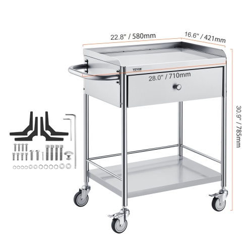 &nbsp;&nbsp;Chariot médical VEVOR à 2 couches, chariot en acier inoxydable&nbsp;220&nbsp;lb,&nbsp;chariot utilitaire de laboratoire&nbsp;avec roues