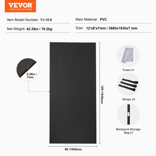 VEVOR 12x6ft Exercise Mat, Non Slip High Density Premium Yoga Mat, Exercise Yoga Mat for Men Women, Fitness & Exercise Mat with Bag & Carry Strap,