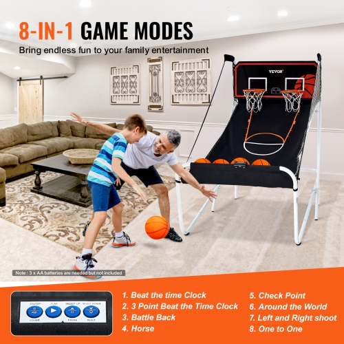 VEVOR 2 Player Foldable Basketball Arcade Game, Indoor Basketball Game, Home Dual Shot Sport with 5 Balls, 8 Game Modes, Electronic Scoreboard, and