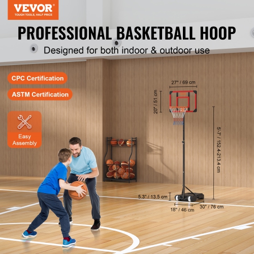 VEVOR 5-7 ft Basketball Hoop, Adjustable Height Portable Backboard System, 28 inch Basketball Hoop & Goal, Kids & Adults Basketball Set with Wheels,