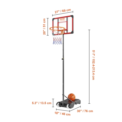 VEVOR 5-7 ft Basketball Hoop, Adjustable Height Portable Backboard System, 28 inch Basketball Hoop & Goal, Kids & Adults Basketball Set with Wheels,