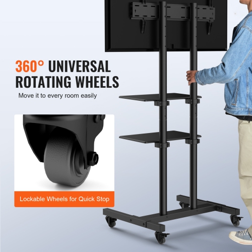 VEVOR 32 to 70 inch Mobile TV Stand, Mobile TV Cart, Height Adjustable Portable TV Stand with Wheels, Double Tray for Audio-Visual Devices, Rolling