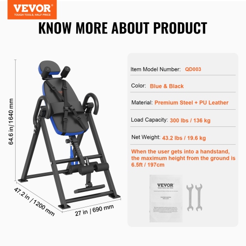 VEVOR Inversion Table, 300 lbs Capacity Heavy Duty Inversion Table, Decompression Back Stretcher Machine, Strength Training Equipment with Headrest,
