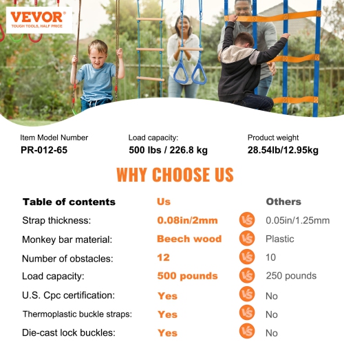VEVOR Ninja Warrior Obstacle Course for Kids, 2 x 65 ft Weatherproof Slacklines, 500lbs Weight Capacity Monkey Line, Outdoor Playset Equipment,