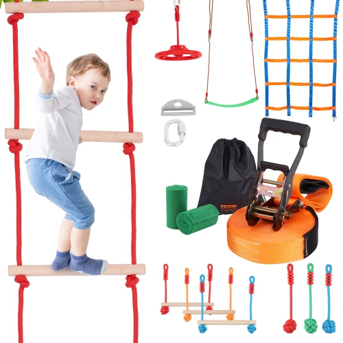 Image 1 of 9.. VEVOR Ninja Warrior Obstacle Course for Kids, 2 x 50 ft Weatherproof Slacklines, 500lbs Weight Capacity Monkey Line, Outdoor Playset Equipment,