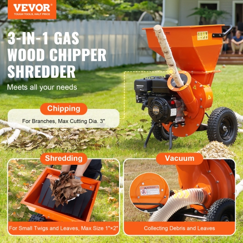 VEVOR Wood Chipper Shredder Mulcher, 7HP Heavy Duty Gas Powered Engine, 3” Max Diameter 212cc 4.1 kW, 4-Stroke 3-in-1 Woodchipper, Fast Chipping