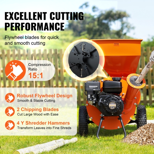 VEVOR Wood Chipper Shredder Mulcher, 7HP Heavy Duty Gas Powered Engine, 3” Max Diameter 212cc 4.1 kW, 4-Stroke 3-in-1 Woodchipper, Fast Chipping