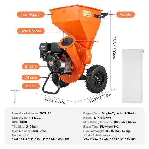 VEVOR Wood Chipper Shredder Mulcher, 7HP Heavy Duty Gas Powered Engine, 3” Max Diameter 212cc 4.1 kW, 4-Stroke 3-in-1 Woodchipper, Fast Chipping