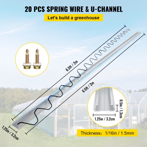 VEVOR 6.56ft Spring Wire and Lock Channel, Spring Lock & U-Channel Bundle for Greenhouse, 20 Packs PE Coated Spring Wire & Aluminum Alloy Channel,