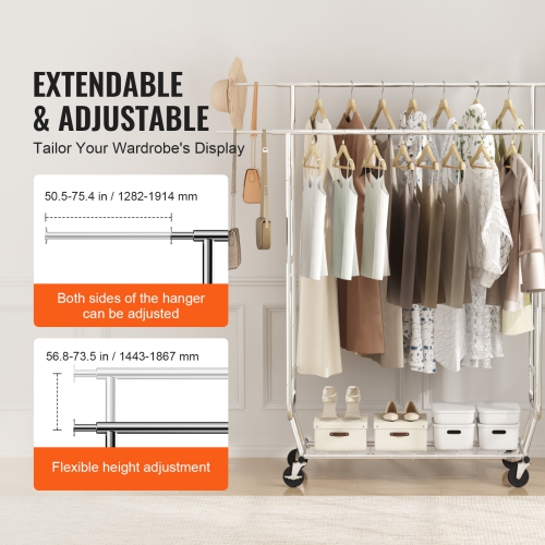 VEVOR Heavy Duty Clothes Rack, Double Hanging Rod Clothing Garment Rack for Hanging Clothes, Adjustable Height and Extendable Length Clothing Rack ,