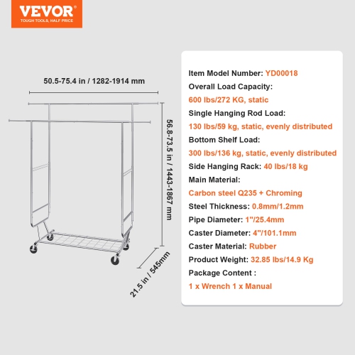VEVOR Heavy Duty Clothes Rack, Double Hanging Rod Clothing Garment Rack for Hanging Clothes, Adjustable Height and Extendable Length Clothing Rack ,