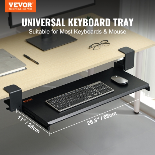 VEVOR 26.8 x 11 inch Clamp on Keyboard Tray Under Desk, Desk Keyboard Tray Slide out with Sturdy No-drill C Clamp Mount, Large Slide-out Computer