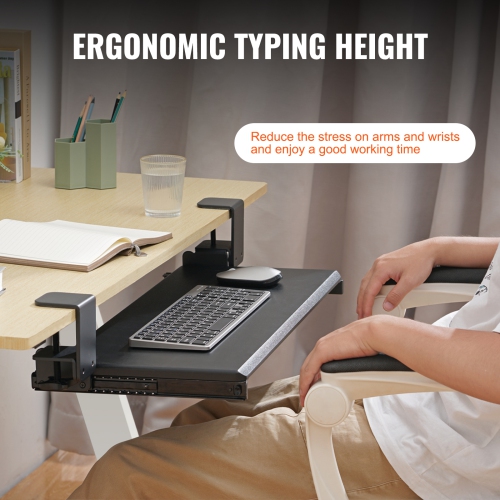 VEVOR 26.8 x 11 inch Clamp on Keyboard Tray Under Desk, Desk Keyboard Tray Slide out with Sturdy No-drill C Clamp Mount, Large Slide-out Computer