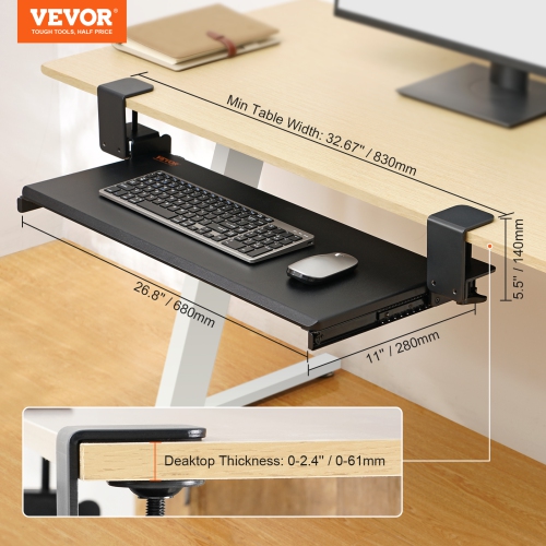 VEVOR 26.8 x 11 inch Clamp on Keyboard Tray Under Desk, Desk Keyboard Tray Slide out with Sturdy No-drill C Clamp Mount, Large Slide-out Computer