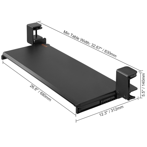 VEVOR 26.8 x 11 inch Clamp on Keyboard Tray Under Desk, Desk Keyboard Tray Slide out with Sturdy No-drill C Clamp Mount, Large Slide-out Computer