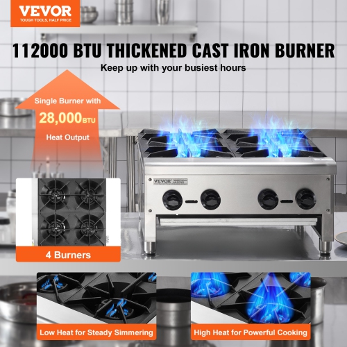 VEVOR 4 Burners Commercial Gas Stove, Propane and Natural Gas Countertop Cooking Stove Range, Stainless Steel Gas Hot Plate, Commercial Cooking