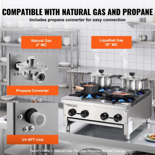 VEVOR 4 Burners Commercial Gas Stove, Propane and Natural Gas Countertop Cooking Stove Range, Stainless Steel Gas Hot Plate, Commercial Cooking