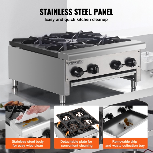 VEVOR 4 Burners Commercial Gas Stove, Propane and Natural Gas Countertop Cooking Stove Range, Stainless Steel Gas Hot Plate, Commercial Cooking