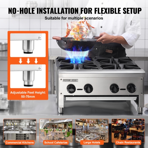 VEVOR 4 Burners Commercial Gas Stove, Propane and Natural Gas Countertop Cooking Stove Range, Stainless Steel Gas Hot Plate, Commercial Cooking