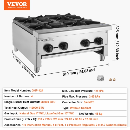 VEVOR 4 Burners Commercial Gas Stove, Propane and Natural Gas Countertop Cooking Stove Range, Stainless Steel Gas Hot Plate, Commercial Cooking