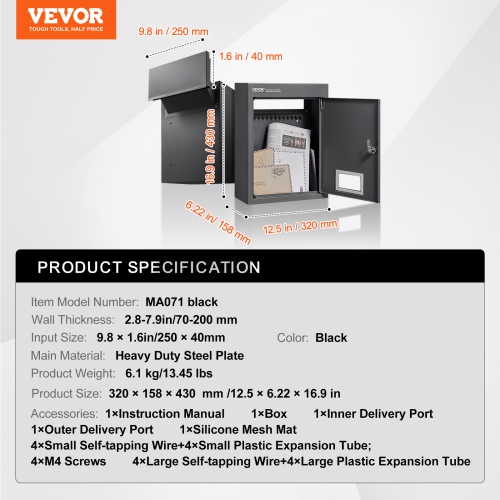 VEVOR 12.5x6.3x16.9" Through The Wall Drop Box, Heavy Duty Steel Through the Wall Mailbox with 2.8-7.9" 13" Combination Lock, Mail Drop Box, Black