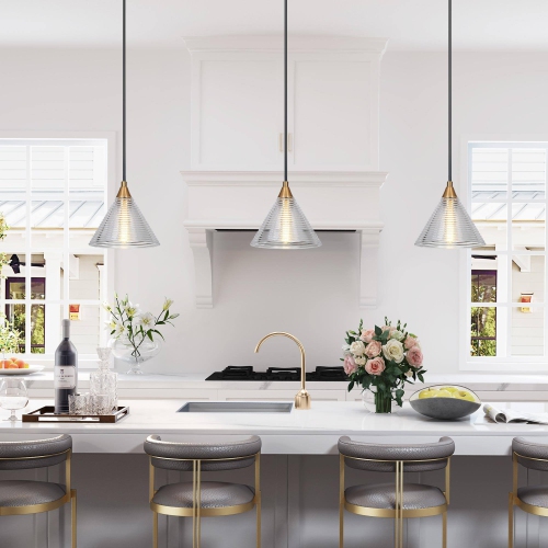 Modern Kitchen Island Pendant Light 1-Light Black & Gold Pendant Light with Water-Rippled Glass Shade