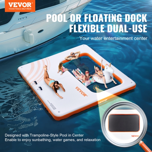 VEVOR 10x10FT Inflatable Floating Dock, Inflatable Dock Platform with 4*7FT Trampoline Mesh Pool, Non-Slip Floating Platform Water Mat with Portable