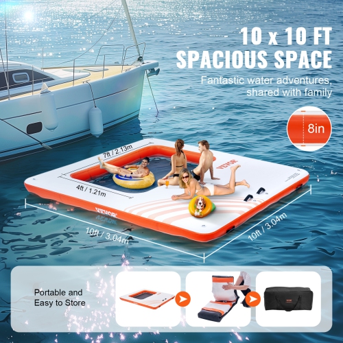 VEVOR 10x10FT Inflatable Floating Dock, Inflatable Dock Platform with 4*7FT Trampoline Mesh Pool, Non-Slip Floating Platform Water Mat with Portable