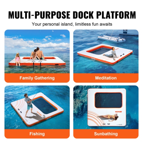 VEVOR 10x10FT Inflatable Floating Dock, Inflatable Dock Platform with 4*7FT Trampoline Mesh Pool, Non-Slip Floating Platform Water Mat with Portable