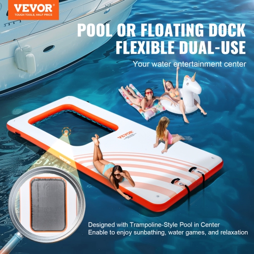 VEVOR 15x6.5FT Inflatable Floating Dock, Inflatable Dock Platform with 4*6FT Trampoline Mesh Pool, Non-Slip Floating Platform Water Mat with Portable