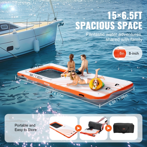 VEVOR 15x6.5FT Inflatable Floating Dock, Inflatable Dock Platform with 4*6FT Trampoline Mesh Pool, Non-Slip Floating Platform Water Mat with Portable