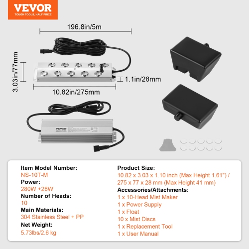 VEVOR 10 Head Ultrasonic Mist Maker , 7000mL/H Ultrasonic Fogger, Mist Maker with 280W IP67 Waterproof Power Supply, Buoy, Replacement Discs, for