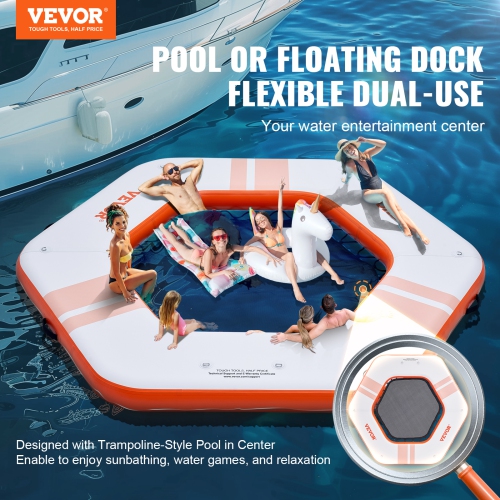 VEVOR ø8.5FT Inflatable Floating Dock, Inflatable Dock Platform with ø5FT Trampoline Mesh Pool, Non-Slip Floating Platform Water Mat with Portable