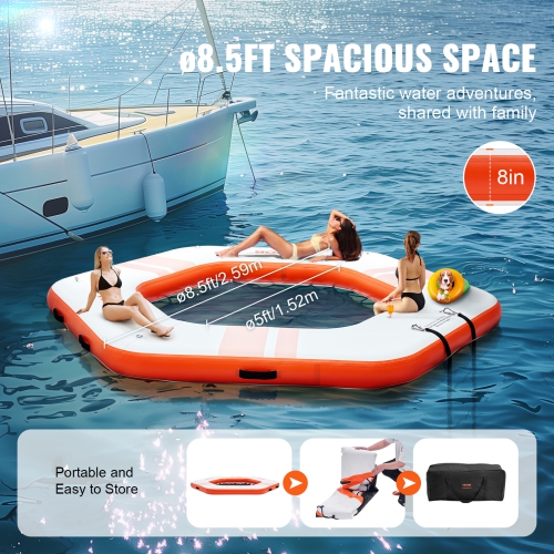 VEVOR ø8.5FT Inflatable Floating Dock, Inflatable Dock Platform with ø5FT Trampoline Mesh Pool, Non-Slip Floating Platform Water Mat with Portable