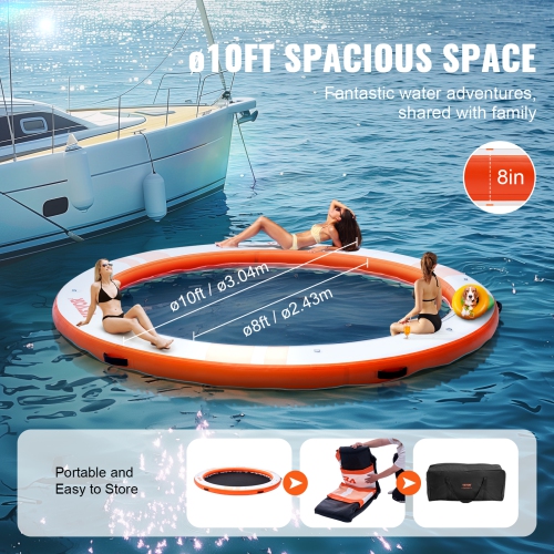 VEVOR ø10FT Inflatable Floating Dock, Inflatable Dock Platform with ø8FT Trampoline Mesh Pool, Non-Slip Floating Platform Water Mat with Portable Bag