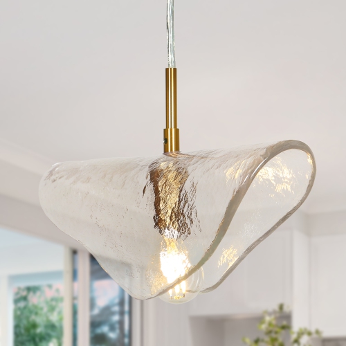 Uolfin 1-Light Brass Gold and Clear Modern/contemporary Textured glass Geometric Medium Hanging Kitchen island light