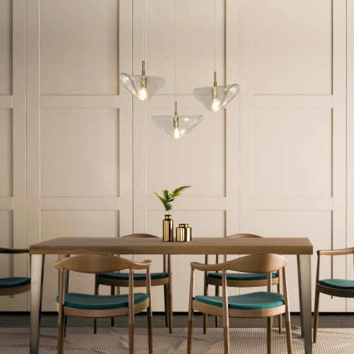 Uolfin 1-Light Brass Gold and Clear Modern/contemporary Textured glass Geometric Medium Hanging Kitchen island light