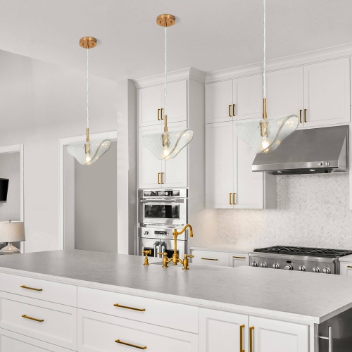 Uolfin 1-Light Brass Gold and Clear Modern/contemporary Textured glass Geometric Medium Hanging Kitchen island light