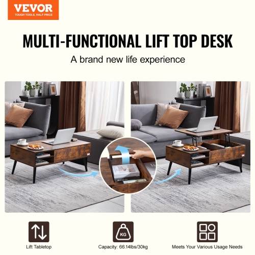 VEVOR 39.4 in Lift Top Coffee Table, Rectangle Coffee Table with Extra Storage Pockets, Pop Up Coffee Table for Living Room, Brown