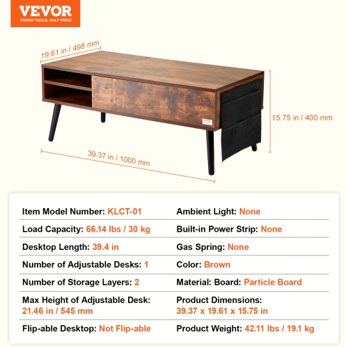 VEVOR 39.4 in Lift Top Coffee Table, Rectangle Coffee Table with Extra Storage Pockets, Pop Up Coffee Table for Living Room, Brown