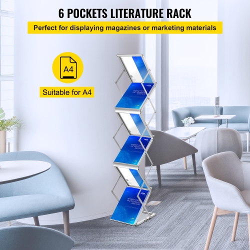 VEVOR 6 Pockets Pop-Up Foldable Magazine Display Rack, Brochure Display Stand,Double-Sided Display Catalog Literature Holder Stand, Portable with
