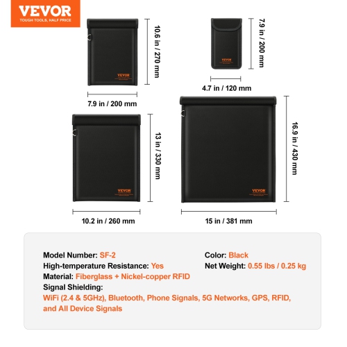 VEVOR 4 Pack Faraday Bags, Faraday Pouch Set for Laptop, Tablet (13x10.2"), Phone (7.87x4.7") & Radio (10.6x7.8"), Fireproof Signal Blocking Holder,