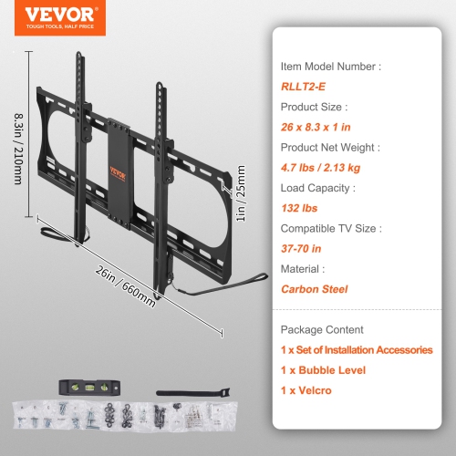 VEVOR Universal TV Wall Mount, Low Profile TV Mount Fits for Most 37-70 inch TVs, Tilt Wall Mount TV Brackets, Max VESA 600x400mm, Holds up to 132 lbs