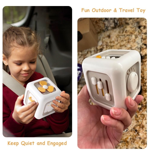 Busy Activity Cube Toy, Montessori Toy, Car Travel Sensory Toy for 1-3 Years Old Boys & Girls