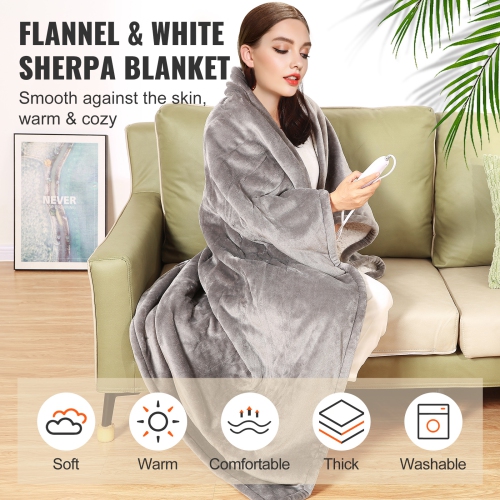 VEVOR 50" x 60" Heated Blanket Electric Throw, Soft Flannel & Sherpa Heating Blanket with 3 Hours Timer Auto-off, 5 Heating Levels for Sofa, ETL &