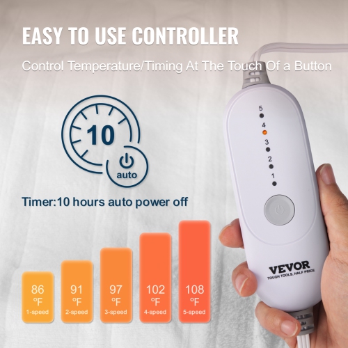 VEVOR 60 x 80 in Heated Mattress Pad,Queen Electric Bed Warmer with 1-5 Heat Settings Control, 10-Hour Auto Shut Off,Breathable Coral Fleece Heating