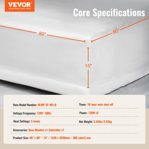 VEVOR 60 x 80 in Heated Mattress Pad,Queen Electric Bed Warmer with 1-5 Heat Settings Control, 10-Hour Auto Shut Off,Breathable Coral Fleece Heating