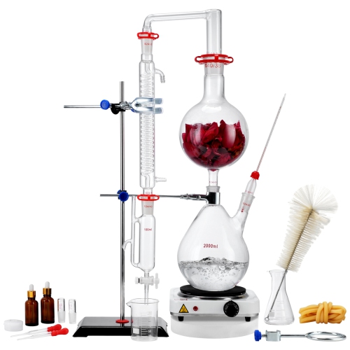 VEVOR 2000ml Essential Oil Distillation Kit, Distillation Apparatus, 3.3 Boro Lab Glassware Distillation Kit with 1000W Heating Plate and 24, 40